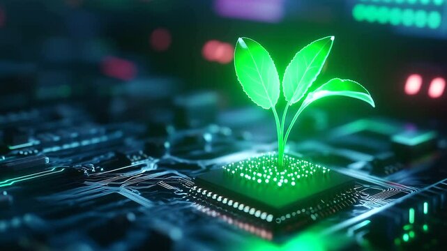 Close-up of a tiny plant emerging from the silicon surface of a computer chip, with technology and nature blending seamlessly, highlighting the future of green, sustainable computi