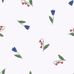 Flower vector pattern, seamless repeating background, flat illustration. Preppy floral bouquet with icons, wallpaper design for cards, fabric, wrapping, textiles, wallpaper, and stationery.