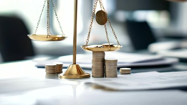 Close-up of brass scales balancing stacks of coins on one side and financial documents on the other, symbolizing the delicate balance between savings, investments, and financial pl
