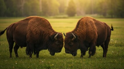 American bison pair head to head in sunny green meadow. Two buffalos couple video. Iconic North American wildlife in natural prairie habitat. National Bison Day November. - Powered by Adobe