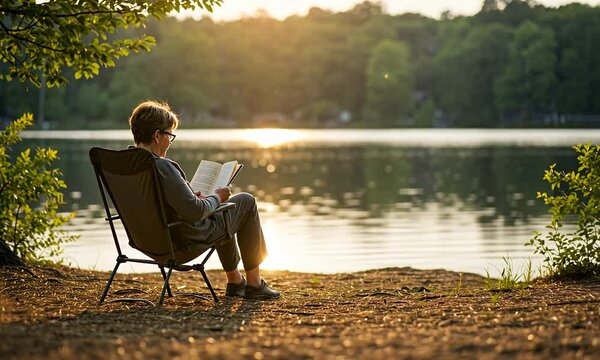 Lakeside reader A person enjoys a book by the lake at sunset