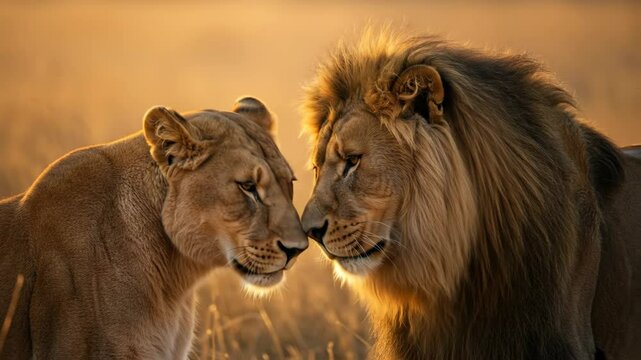 Lion and lioness couple cuddling affectionately in African savanna during golden hour. Close up of male lion with mane and female showing tender love. World Lion Day, August 10.