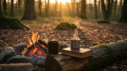 Cozy campfire scene with mugs and a book