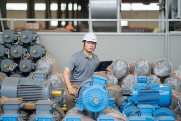 chinese engineer working on digital tablet in warehouse with motor