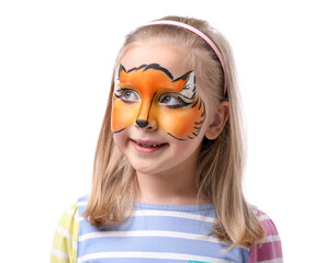 Cute girl with fox face painting on white background