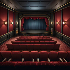 Luxurious Empty Cinema Theater with Red Seats and Stage Curtains A Grand and Elegant Movie House Interior