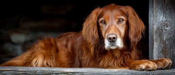 Regal Irish Setter rests observing patiently