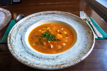 Potato soup with sliced sausage, red Frankfurt soup.