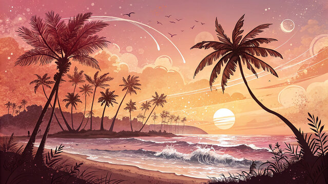 Tropical Paradise: A tranquil illustration captures the serene beauty of a tropical beach at sunset, with silhouetted palm trees swaying gently as the sun dips below the horizon. 