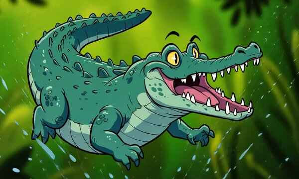 Cartoon style alligator leaps, mouth open in jungle environment