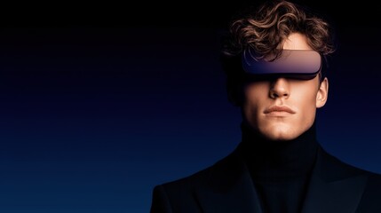 A confident young man wearing futuristic smart glasses poses against a dark gradient backdrop embodying modern technology and digital sophistication while showcasing a sleek fashion expression