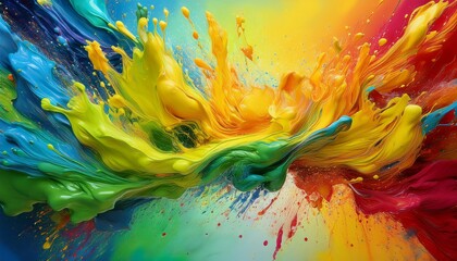 vibrant splashes of paint in yellow red green and blue cascade against a split background of warm and cool colors showcasing artistry and spontaneity in a striking composition