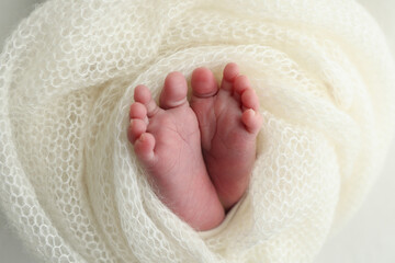 Soft feet of a newborn in a white woolen blanket. Close up of toes, heels and feet of a newborn baby