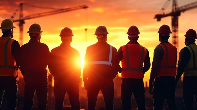 A diverse team of construction professionals in safety gear, standing together in front of a large-scale building project at sunset, with rays of light casting over the site, highl