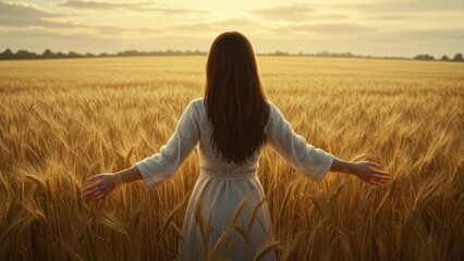 Woman in golden wheat field at sunrise
