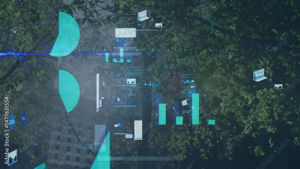 Poster 3d render showing holographic data floating over sunny park branches with ui charts