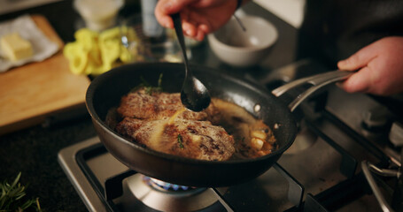 Cooking, stove and chef with steak in pan in kitchen for culinary skill, recipe and meal prep for dinner. Food, above and person with beef, meat and sauce for gourmet dish, ingredients and cuisine