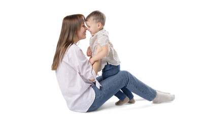 Mother and her cute son on white background