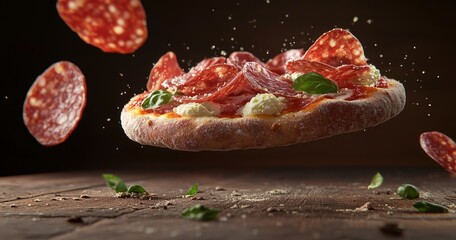 Salami Pizza in Flight: A Deliciously Dramatic Food Image