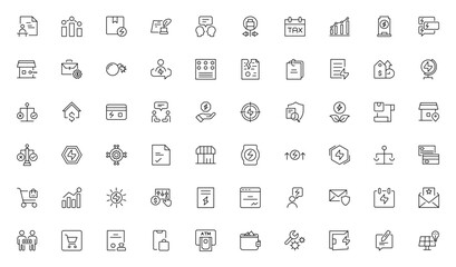 Power Purchase Agreement outline icon set. tube, roof, call, broadcasting, glass, note, engage, haircut, chemical, trade, electricity supply. Isolated vector outline illustrations. Editable stroke