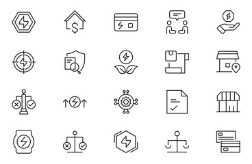 Power Purchase Agreement outline icon set. tube, roof, call, broadcasting, glass, note, engage, haircut, chemical, trade, electricity supply. Isolated vector outline illustrations. Editable stroke