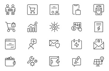 Power Purchase Agreement outline icon set. tube, roof, call, broadcasting, glass, note, engage, haircut, chemical, trade, electricity supply. Isolated vector outline illustrations. Editable stroke