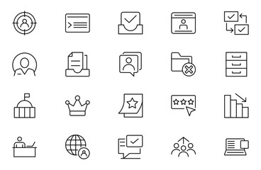 Headhunting outline web icons set. Recruitment, career, resume, work group, candidate, job hiring, collection. Vector illustration.