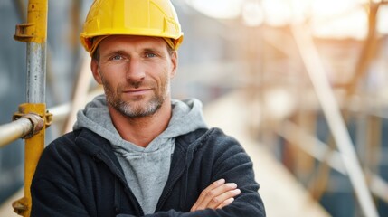 A construction worker 35 years old, wearing a yellow hard hat (baret), standing confidently at a worksite. Background: blurred scaffolding and sunlight.