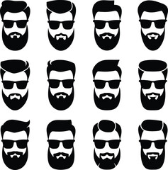 Beard, Mustache & Sunglasses Silhouette Set | Hipster Style Icon Pack Men's Facial Hair & Shades Vector Silhouettes | Cool Style Set