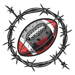 Design a gritty, grunge-style emblem featuring intertwined barbed wire and an American football, conveying a sense of tough, competitive spirit.