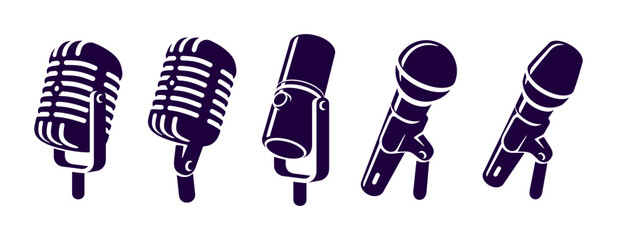 Microphone icons set. Karaoke and podcast logos. Retro and modern mike symbols vector illustration