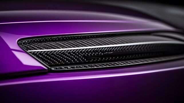 Close-up view of a vibrant purple vehicle's carbon fiber grille.