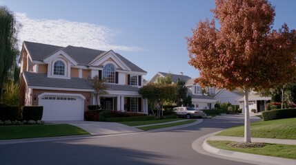 Lush greenery and vibrant flowers adorn a lovely suburban home, set against a clear blue sky with a few fluffy clouds above