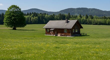 Obraz premium Idyllic Cabin in a Green Meadow with Distant Mountains