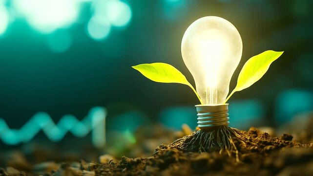 A light bulb growing into a small plant with roots that align with a financial graph rising steadily, symbolizing the positive environmental and financial impacts of investing in g
