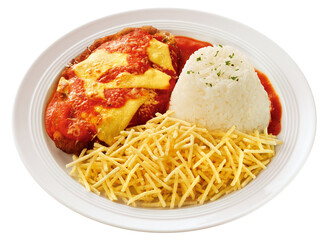 prato com filé bovina à parmegiana acompanhado de arroz branco e batata palha isolado em fundo transparente