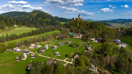 Stara Lubovna castle in Slovakia, aerial drone view