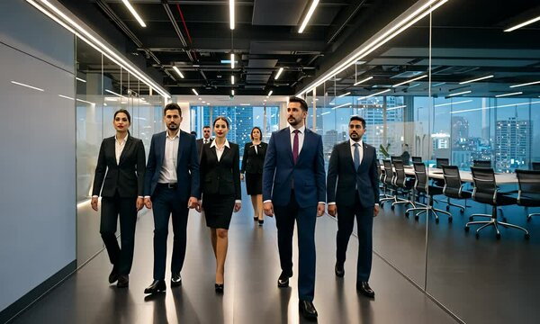 Group of business people walk through sleek office hall with city view