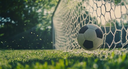 Soccer Ball Goal: Dramatic Close-Up in Lush Green Setting