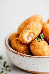 Golden croquettes filled with creamy bechamel and ham, served on handmade ceramic plate, garnished with microgreen