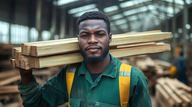 A proud carpenter, wearing durable work clothes, carries heavy wooden bars on his shoulder at a wood processing factory, with rows of saws and carpentry equipment in the background