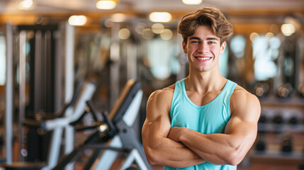 Fototapeta premium A young man in a gym smiles confidently with arms crossed, wearing a sleeveless shirt, showcasing fitness and a healthy lifestyle.