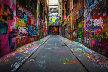 Narrow urban alleyway with vibrant graffiti art on the walls.