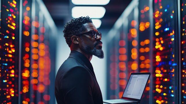 Thoughtful black man with laptop stands in a server room managing data and cloud computing infrastructure.