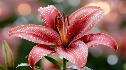 Fototapeta premium Close-up of vibrant red lilies adorned with dew, set against a breathtaking sunset over an expansive flower field