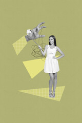 Collage poster of person stand under huge hand attacking with ropes strings