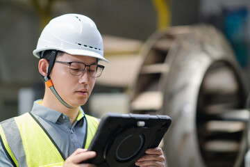 asian male engineer woking on digital tablet in factory with  Industrial fan impeller