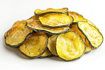 Baked zucchini chips product shot on bright white background nicely lit