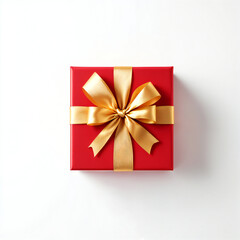 A beautifully wrapped present box, a stunning square red gift wrapped with a luxurious golden bow, conveying festive cheer and anticipation, in a top-down view.