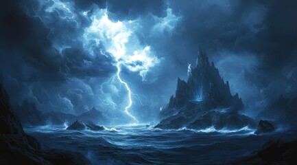 Fototapeta premium Stormy Seascape: Dramatic Rock Island Under Thunderous Sky